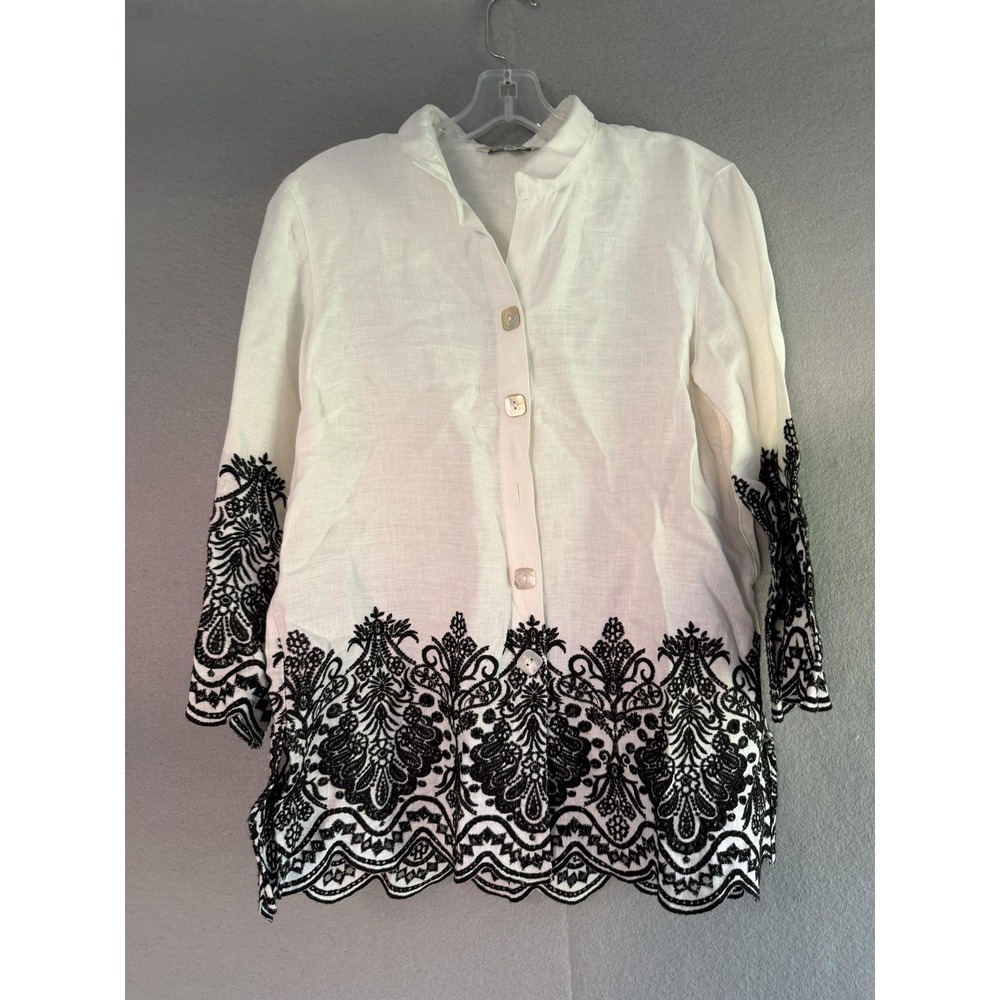 John Mark Blouse Womens XS White Black Paisley Embroidered 3/4 Sleeve Tunic Top